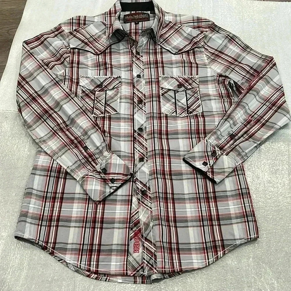 [M] Rock & Roll Cowboy Men's  Long Sleeve Red Plaid Western Snap Button Up Shirt - Picture 2 of 11